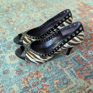 Donald J. Pliner Size 6.5 Zelma Peep Toe Animal Print Heels Brown Pony Hair